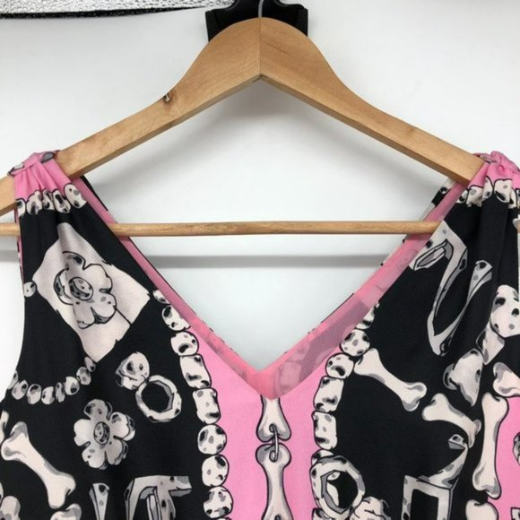 MOSCHINO Black and Pink V Neck Bones Prehistoric Print Silk Dress Cheap and Chic - Picture 7 of 7